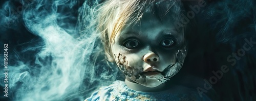 A haunting doll with captivating eyes, shrouded in mist, evokes an eerie atmosphere and mysterious storytelling.