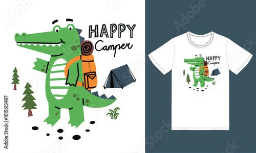 Cute crocodile camping illustration with tshirt design premium vector