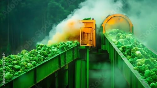 Machinery processing green vegetables in an industrial setting with steam.