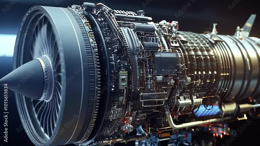 Close-up of a jet engine with intricate details and a blurred background. Close-up of a jet engine with intricate details and a blurred background.