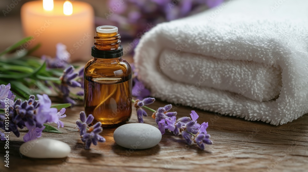 A bottle of lavender essential oil surrounded by flowers, stones, and a soft towel, creating a peaceful wellness atmosphere perfect for relaxation and aromatherapy. A bottle of lavender essential oil surrounded by flowers, stones, and a soft towel, creating a peaceful wellness atmosphere perfect for relaxation and aromatherapy.