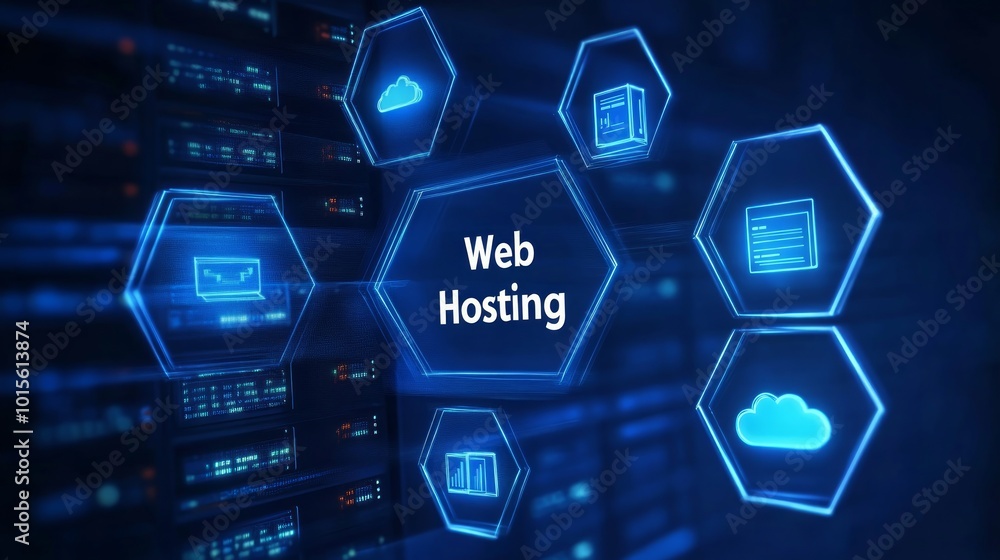 A futuristic concept of web hosting services with server racks in the background and icons representing various functions such as cloud storage, email, and website management.