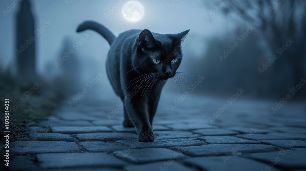 A mysterious black cat walking on a cobblestone path at night ...