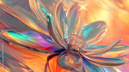 Obraz na płótnie A mesmerizing metallic flower with a sparkling diamond center rests on a vibrant, rainbow-hued background. The reflective petals and glowing colors create a surreal and luxurious visual experience w salonie