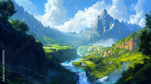 A mountain river flowing through a lush valley, surrounded by steep cliffs and towering peaks.