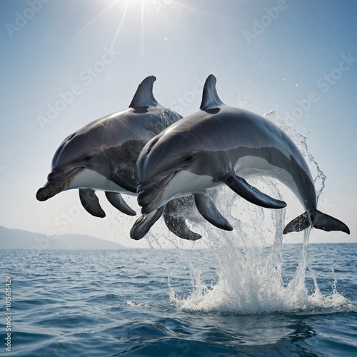 Two dolphins leaping with joy, their bodies glistening as they reach the highest point of their jump against a clean white backdrop.