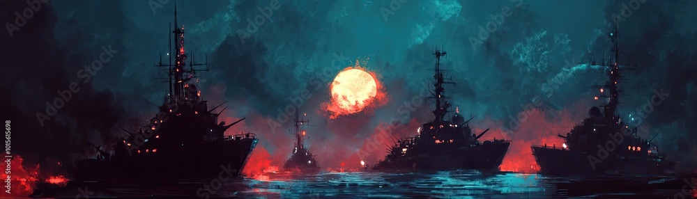 Fototapeta premium A dramatic sea scene featuring silhouetted ships against a fiery sunset, creating an atmosphere of mystery and adventure.