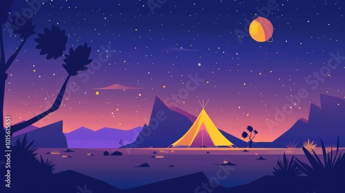 Depiction of night camping under starry desert sky flat design side view astronomy theme cartoon drawing Split-complementary color scheme