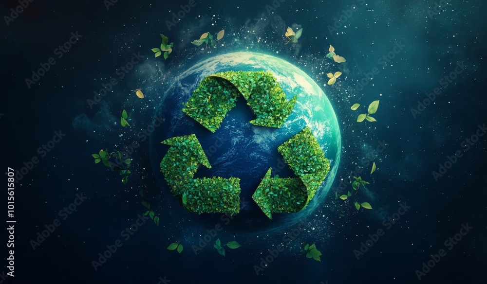 Fototapeta premium A visually striking design featuring a green Earth at the center, encircled by three interlocking triangles forming a recycled symbol.