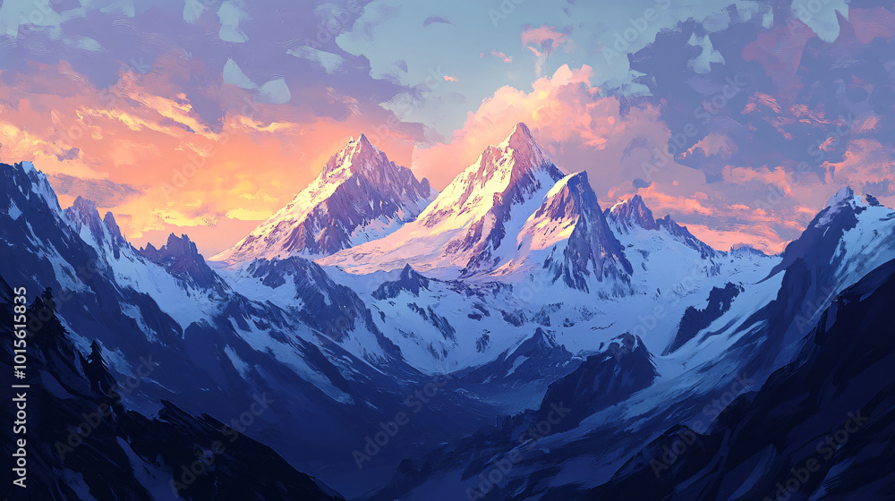 A reflective painting of a mountain range at dawn, showcasing the beauty of nature. A reflective painting of a mountain range at dawn, showcasing the beauty of nature.