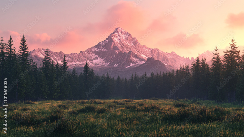 Obraz premium A mountain peak towering over a dense pine forest under a soft pink sunset.