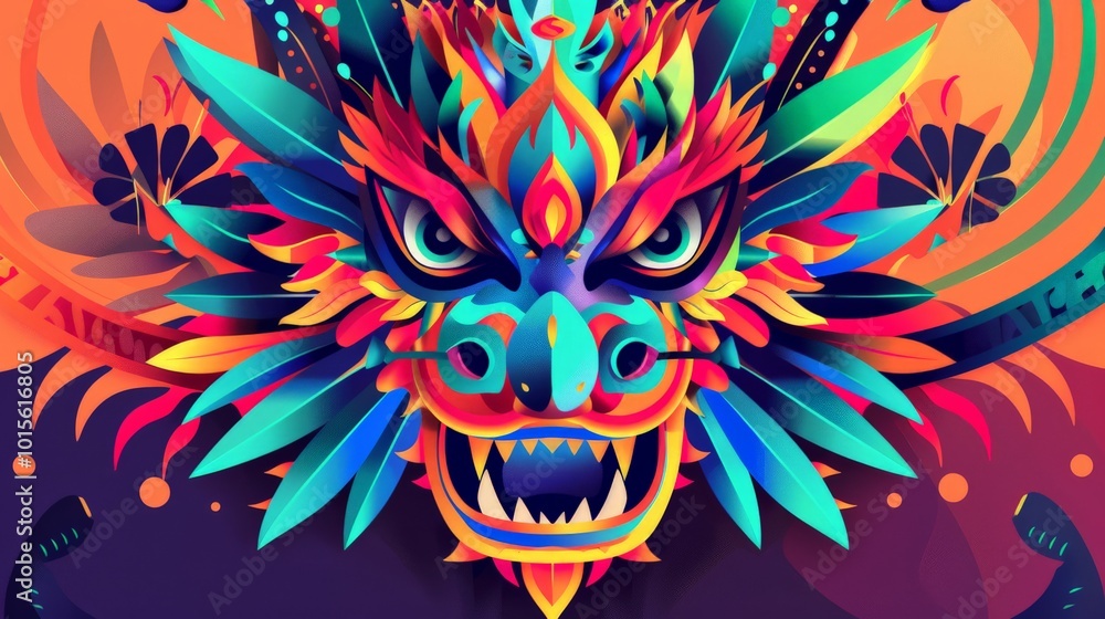 Obraz premium Graphic of a dragon disguised in a masquerade flat design front view mystical masquerade theme cartoon drawing Tetradic color scheme