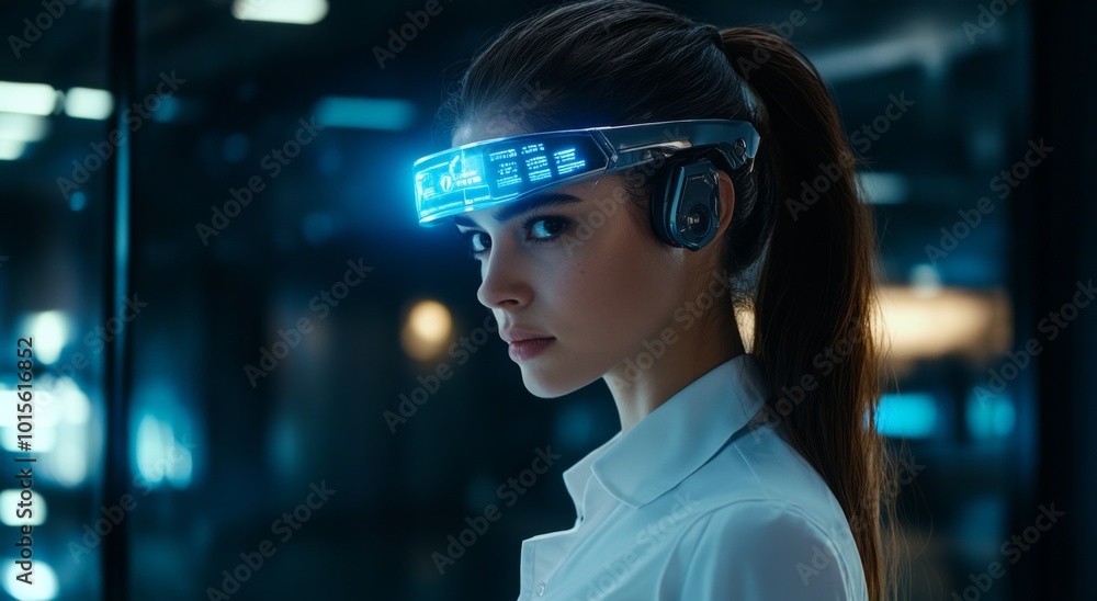 A captivating profile shot of an attractive woman with brown hair tied into a ponytail, wearing a white shirt and futuristic headphones displaying blue holographic text on her forehead. A captivating profile shot of an attractive woman with brown hair tied into a ponytail, wearing a white shirt and futuristic headphones displaying blue holographic text on her forehead.