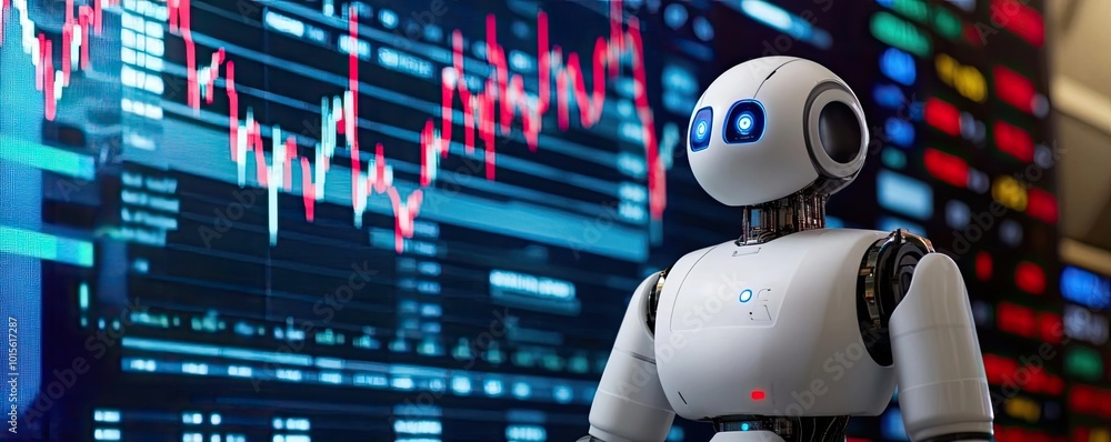 Futuristic robot standing in front of a digital trading chart, symbolizing the intersection of technology and finance. Futuristic robot standing in front of a digital trading chart, symbolizing the intersection of technology and finance.