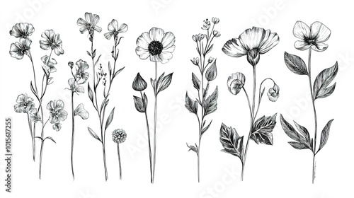 Hand drawn illustration of different floral patterns on isolated white background