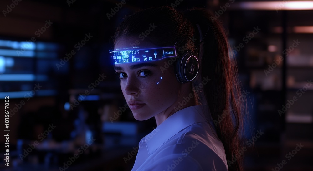 A captivating profile shot of an attractive woman with brown hair tied into a ponytail, wearing a white shirt and futuristic headphones displaying blue holographic text on her forehead. A captivating profile shot of an attractive woman with brown hair tied into a ponytail, wearing a white shirt and futuristic headphones displaying blue holographic text on her forehead.