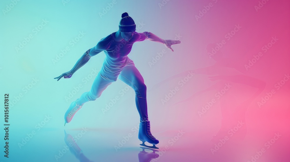 Graphic of a figure skater performing a spin flat design front view winter sports theme 3D render Analogous Color Scheme Graphic of a figure skater performing a spin flat design front view winter sports theme 3D render Analogous Color Scheme