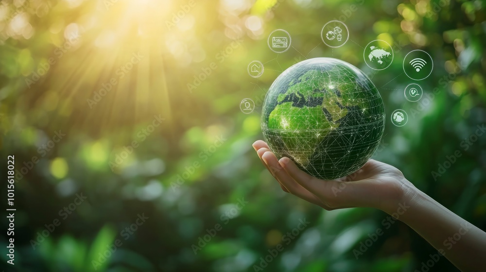 A hand holding a glass globe with green earth and connected network lines, surrounded by icons like internet, cloud, IoT, wifi, and data, with a green blurred background. A hand holding a glass globe with green earth and connected network lines, surrounded by icons like internet, cloud, IoT, wifi, and data, with a green blurred background.