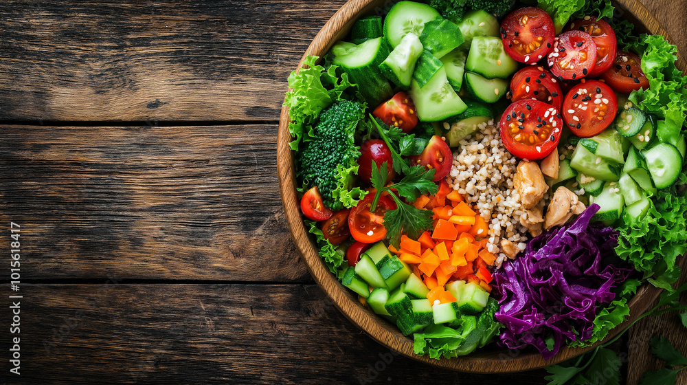 Healthy Salad Bowl with Quinoa, Vegetables, and Chicken on Wooden Background Healthy Salad Bowl with Quinoa, Vegetables, and Chicken on Wooden Background
