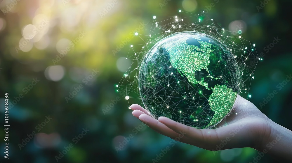 A hand holding a glowing globe surrounded by lines representing interconnectedness, set against a blurred green background. A hand holding a glowing globe surrounded by lines representing interconnectedness, set against a blurred green background.