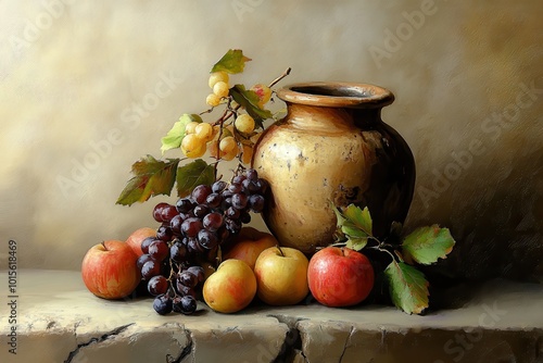 Ai generative, Still Life with Grapes, Apples, and a Clay Pot