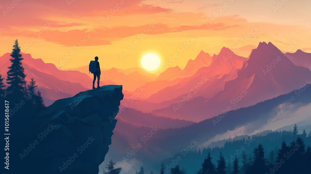 Silhouette of a Person Standing on a Mountain Cliff at Sunset Silhouette of a Person Standing on a Mountain Cliff at Sunset
