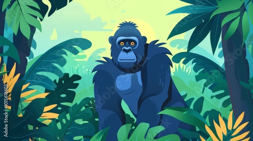 Graphic of a gorilla in a rainforest flat design front view primate kingdom theme animation vivid photo