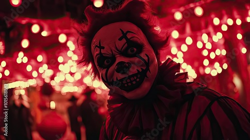 A haunting clown with a sinister smile surrounded by vibrant red lights, creating an eerie atmosphere perfect for Halloween.