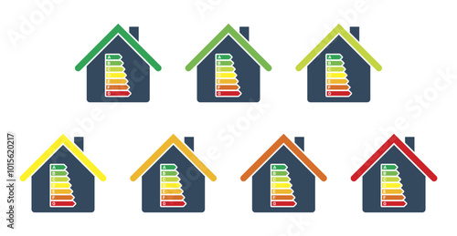 house energy efficiency rating, european union ecological classes from green a to red g, vector icons set