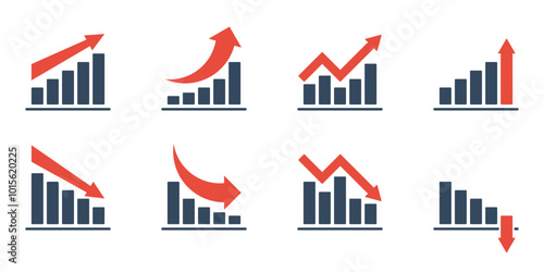 bar chart with falling and rising trend and red arrow, negative or positive dynamic concept, different vector icons, market or economical indicators