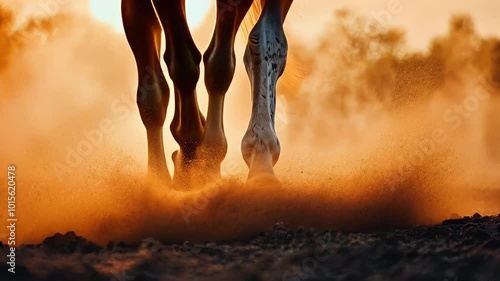 Closeup of horse hooves kicking up dust as it runs through a field.