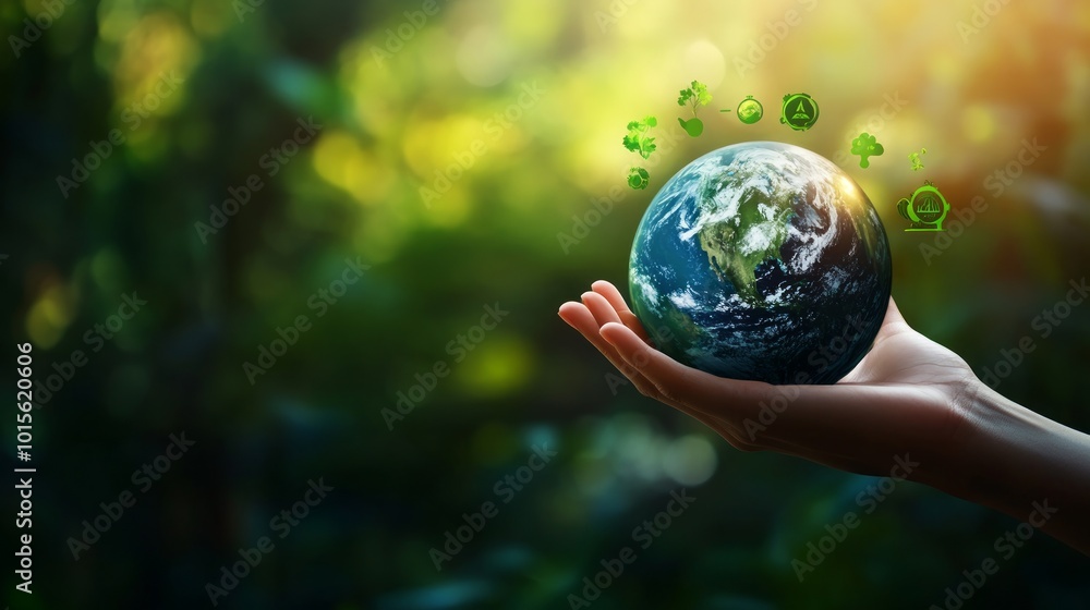 A hand holds a globe with green sustainability symbols in front of a blurred green background. A hand holds a globe with green sustainability symbols in front of a blurred green background.