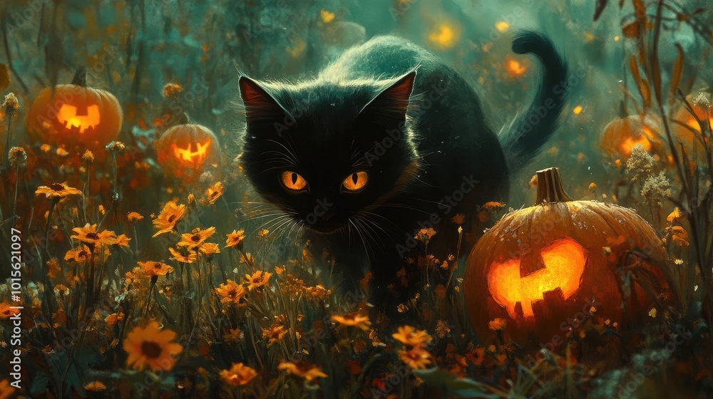 A mysterious black cat roams through a pumpkin field, surrounded by glowing flowers and carved jack-o'-lanterns in twilight. A mysterious black cat roams through a pumpkin field, surrounded by glowing flowers and carved jack-o'-lanterns in twilight.