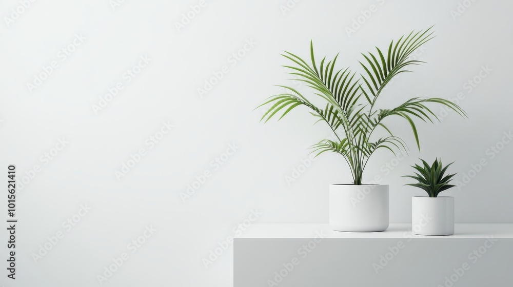 Fototapeta premium Two potted plants on a white shelf against a white wall