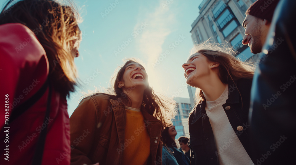 A low-angle shot of a group of friends hanging out in a city square, laughing and moving around energetically A low-angle shot of a group of friends hanging out in a city square, laughing and moving around energetically