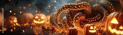 A spooky Halloween scene featuring glowing pumpkins and a mysterious octopus, creating an enchanting atmosphere. photo