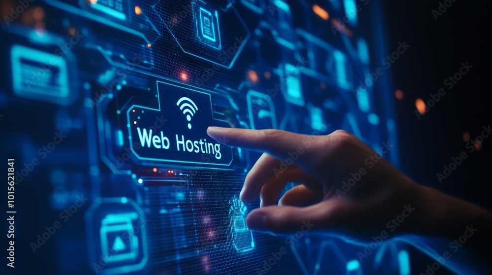 A hand is pointing at a web hosting button on a futuristic interface. A hand is pointing at a web hosting button on a futuristic interface.
