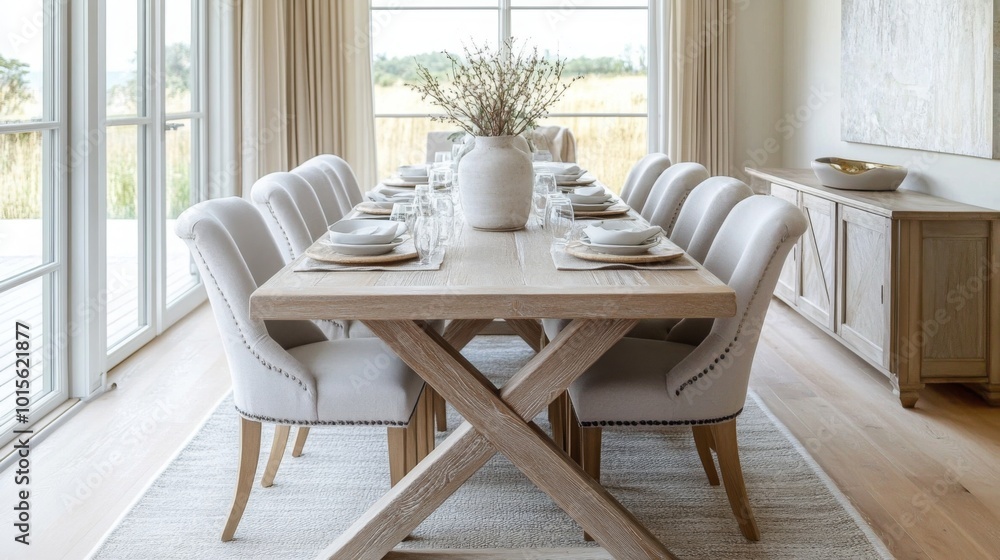 A spacious dining room features a long wooden table elegantly set for a meal, surrounded by plush white chairs. Natural light floods in through large windows, highlighting serene decor. A spacious dining room features a long wooden table elegantly set for a meal, surrounded by plush white chairs. Natural light floods in through large windows, highlighting serene decor.