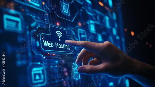 A hand is pointing at a web hosting button on a futuristic interface.