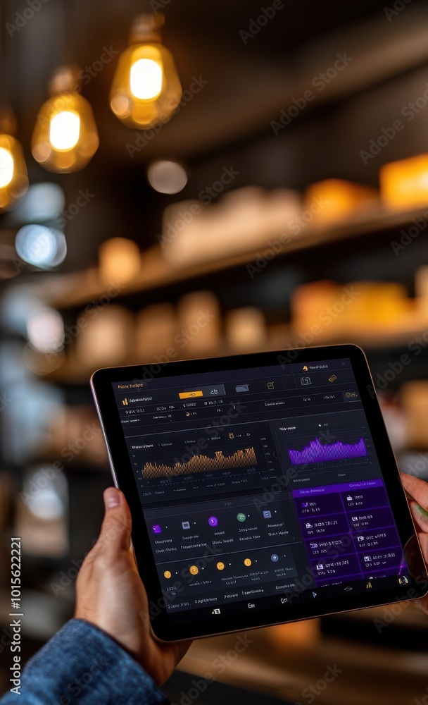Person holding tablet displaying digital graphs in a modern cafe ambiance. Person holding tablet displaying digital graphs in a modern cafe ambiance.