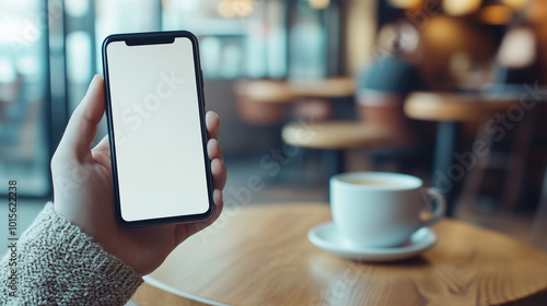 a person holding a smartphone with a blank screen in a minimalist café setting