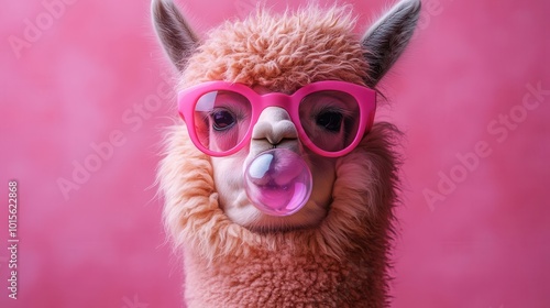 cute llama alpaca blows a bubblegum bubble while wearing trendy pink sunglasses set against a playful pink background radiating fun and whimsical charm