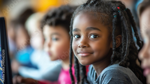 Diverse Group of Children Engaged in Coding Class