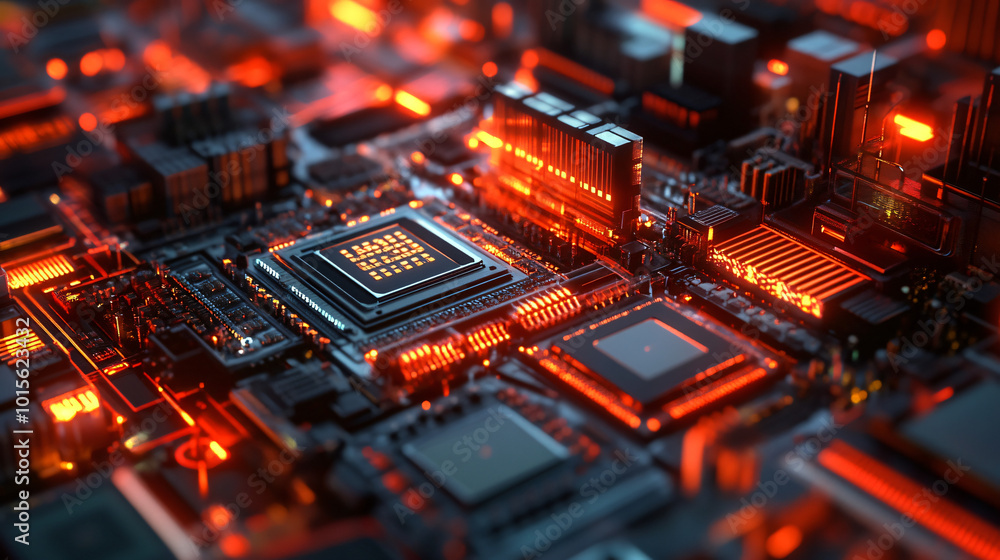 A high-tech factory producing computer chips with automated precision machinery. A high-tech factory producing computer chips with automated precision machinery.