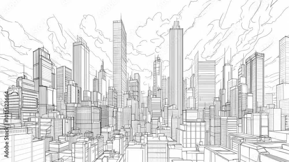 Fototapeta premium Minimalist Cityscape with Towering Skyscrapers in Line Drawing