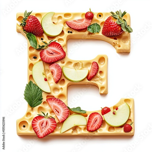 E-shaped font inspired by Swiss cheese, green apple slices, and strawberries for a fruity design.