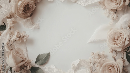 Minimalist, vintage-inspired floral border with soft roses, lace ribbons, and delicate greenery, creating a romantic frame with a blank white center for customizable use