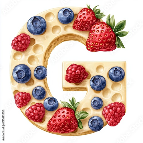 A letter G made of gouda cheese, combined with strawberries and blueberries, bright and appealing, perfect for a lively cheesefont pattern photo