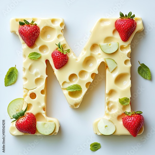 A letter M made of Swiss cheese, adorned with green apple slices and strawberries, vibrant and fresh in a bright cheesefont photo