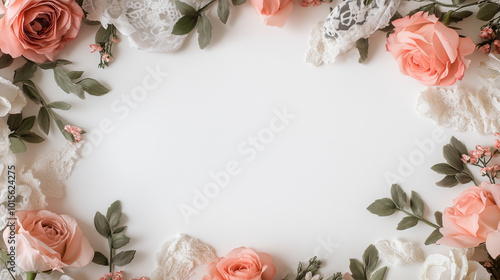 Minimalist, vintage-inspired floral border with soft roses, lace ribbons, and delicate greenery, creating a romantic frame with a blank white center for customizable use